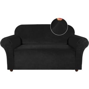 Turquoize Velvet Loveseat Covers Stretch Love Seat Couch Covers for 2 Cushion Couch Velvet Sofa Cover with Non Slip Elastic Bottom Furniture Cover Crafted from Soft Fabric (Loveseat, Black)