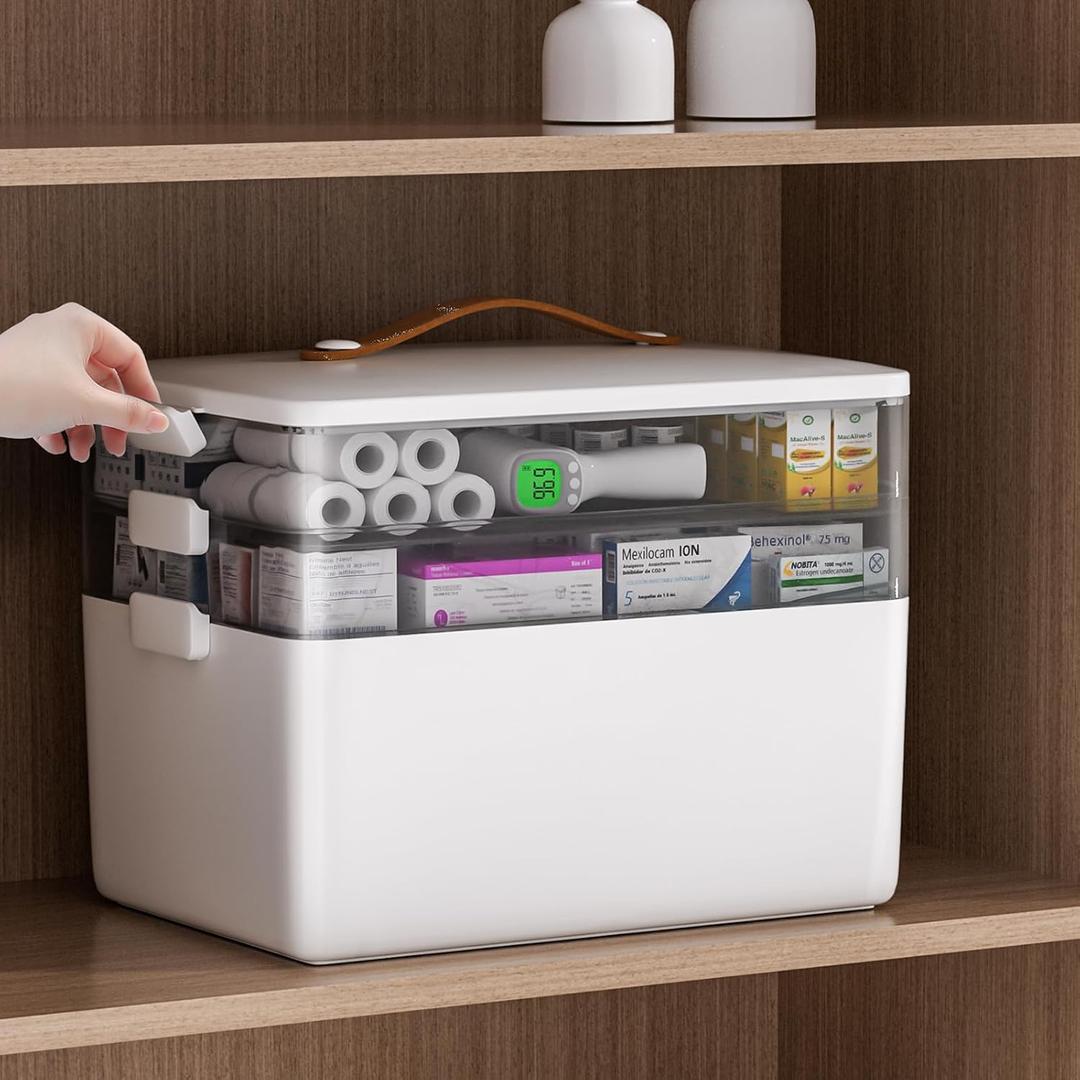 JOYBOS 3-Tier Medicine Storage Box Cabinet, Empty First Aid Kit Organizer Portable Medical Supply with Leather Handle for Home