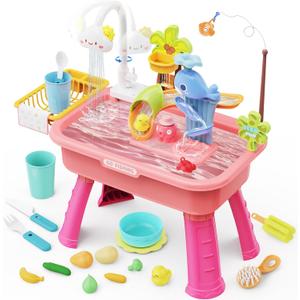Water Table for Toddlers1-3, Water Table for Kids Ages 4-8 with Pump, Play Sink with Running Water, Kitchen Sink for Toddlers, Fishing Game and Outside Sensory Toys, Pink