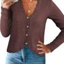 Womens Cardigan Sweaters Trendy Cropped Button Up Long Sleeve V Neck Loose Boho Casual Knit Tops Fall Outfits (Large, Brown)