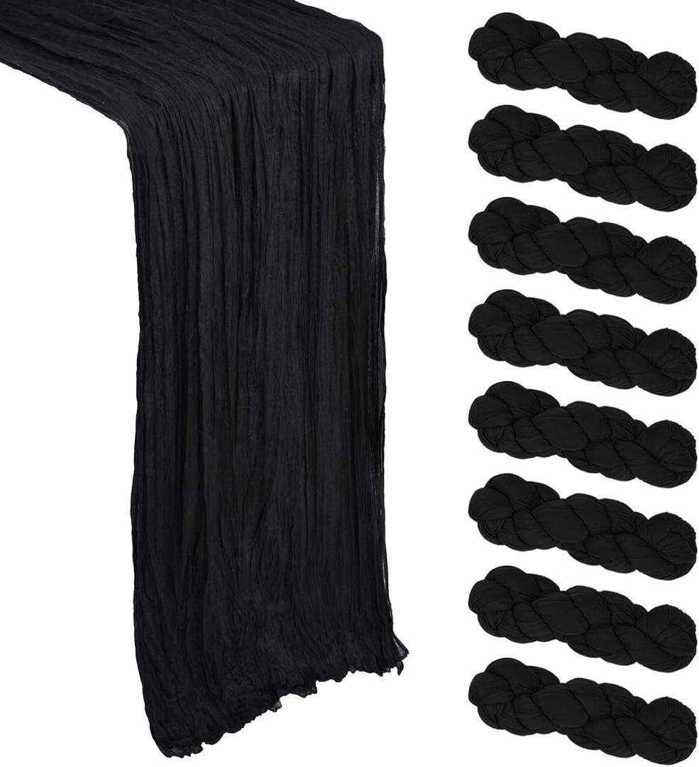 8 Pack Black Table Runner Cheesecloth 10Ft Gauze Cheese Cloth Table Runner 120 Inch Boho Sheer Rustic Fabric for Decor Bridal Baby Shower Wedding Centerpiece Holiday Home Decorations
