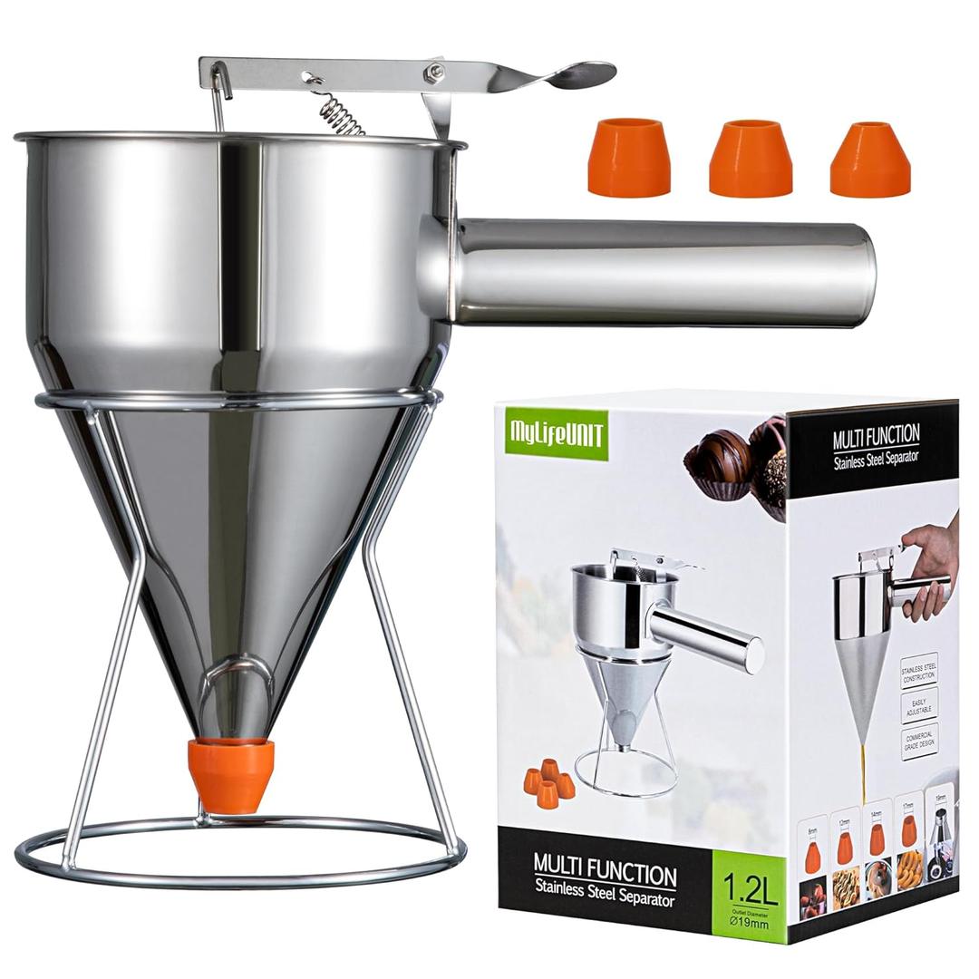 MyLifeUNIT Pancake Batter Dispenser, 40oz Multi-Caliber Stainless Steel Funnel Cake Dispenser with Stand Great for Pancakes, Cupcakes or Any Baked Goods