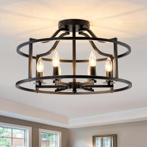UOFUS Black Farmhouse Chandelier 6-Light Metal Dining Room Light Fixture Modern Industrial Semi Flush Mount Ceiling Light Fixture for Kitchen Island Bedroom Entryway Hallway Foyer E12 Base