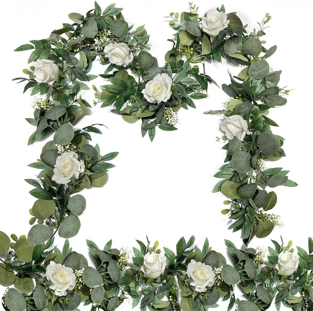 2 Pack 13Ft Artificial Eucalyptus Flower Garland with White Roses, Fake Rose Flower Greenery Garland Floral Vines for Wedding Home Party Table Runner Decor (White)