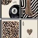 4Pcs Trendy Leopard Canvas Wall ArtCheetah Preppy Aesthetic Room Wall Decor Chic Leopard Ace Card Posters Prints Funky Lucky 8 Ball Painting Pictures for Girls Bedroom Apartment Dorm Unframed (color)