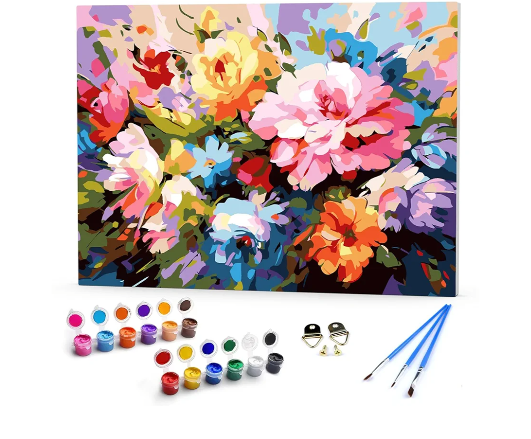 TUMOVO Flowers Framed Paint by Numbers for Adults Blooming Floral DIY Oil Paint by Number Kits on Canvas Blossom Adult Paint by Number with Brushes Acrylic Painting Art Crafts 16"x20"