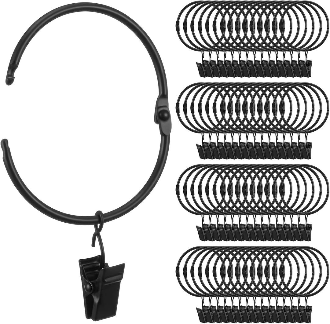 60 Pcs Metal Curtain Rings with Clips, Openable Drapery Rings for Windows Rods, 2 Inch Heavy Duty Rustproof Decorative Vintage Drapery Curtain Rods Hangers, Black