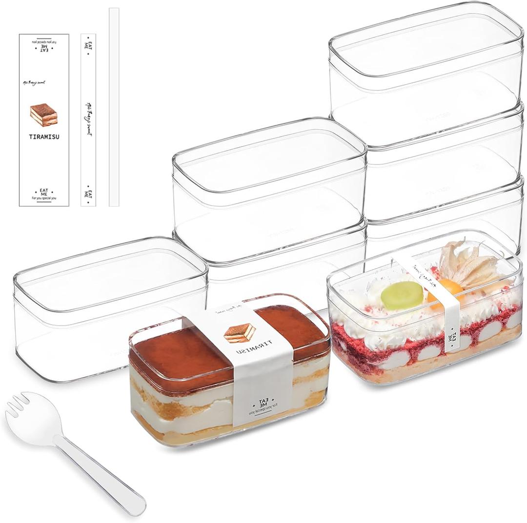 20 Pack 10OZ Rectangle Clear Plastic Dessert Cups with Lids and Sporks&Stickers Disposable Fruit Cups for Dessert,Tiramisu container with lid,Cupcake,Parfait,Pudding,Iced Cold Drinks,Fruits