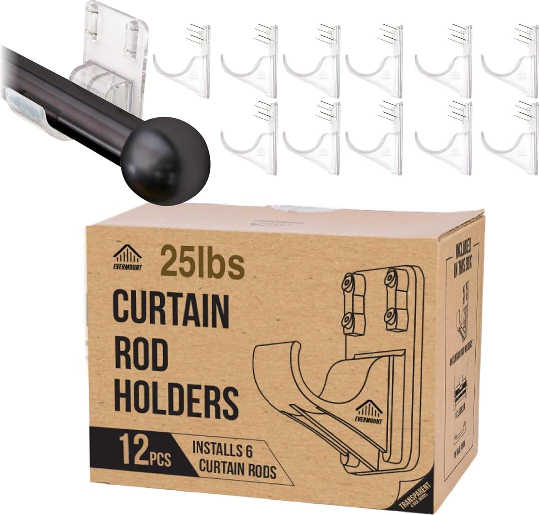 12pcs Heavy Duty Curtain Rod Holders with Wide Hook, 5X Stronger Than Adhesive Curtain Rod Hooks, 25 LBS Tension Curtain Rod Bracket for Wall with Level and Pin Guide, Minimal Damage Curtain