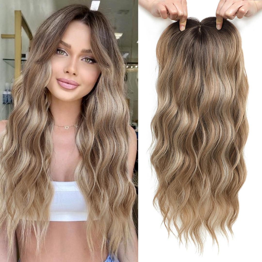 Hair Topper 20" Wavy Hair Toppers for Women 6.5x6.5 Base Size Hairpieces for Women with Thinning hair Wavy Clip In (Brown Blonde with Dark Root)