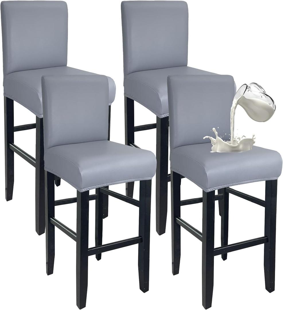 PU Leather Bar Stool Covers with Backs 100% Waterproof Bar Stools Covers Set of 4, Removable Stretch Barstool Slipcovers for Pub Cafe Dining Room (Grey)