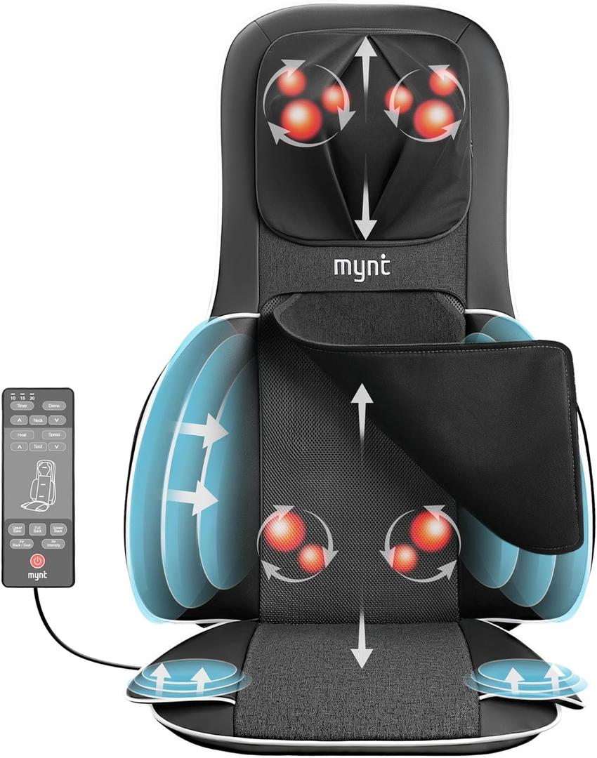 Mynt FSA Eligible HSA Approved Shiatsu Neck and Back Massager for Chair with 10 Deep Kneading Nodes, 2D & 3D Adjustable Back Massage with Heat, Portable Massage Chair Pad with Cover