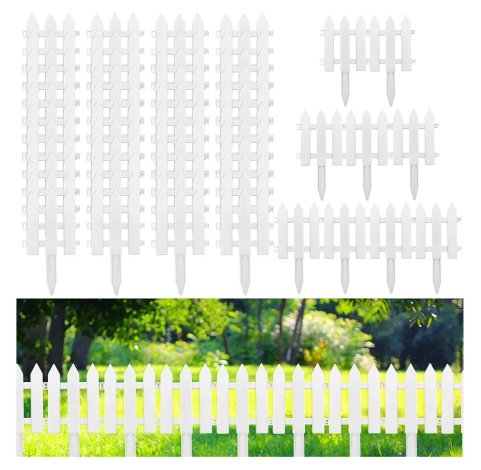 48 Pack White Garden Fence with 48 Fence Insert Lawn Picket Fence Garden Border Fence Decorative Plastic Fence Panels for Landscape Path Flowerbeds Plant Yard, 6.69'' L x 7.87'' H