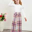 MIGU Girls Clothes Size 7-8 Kids Clothes Fashion White Long-sleeved Tops White and Pink Plaid Loose Straight Leg Pants Plaid Hat Girls Outfits Fall 3pcs