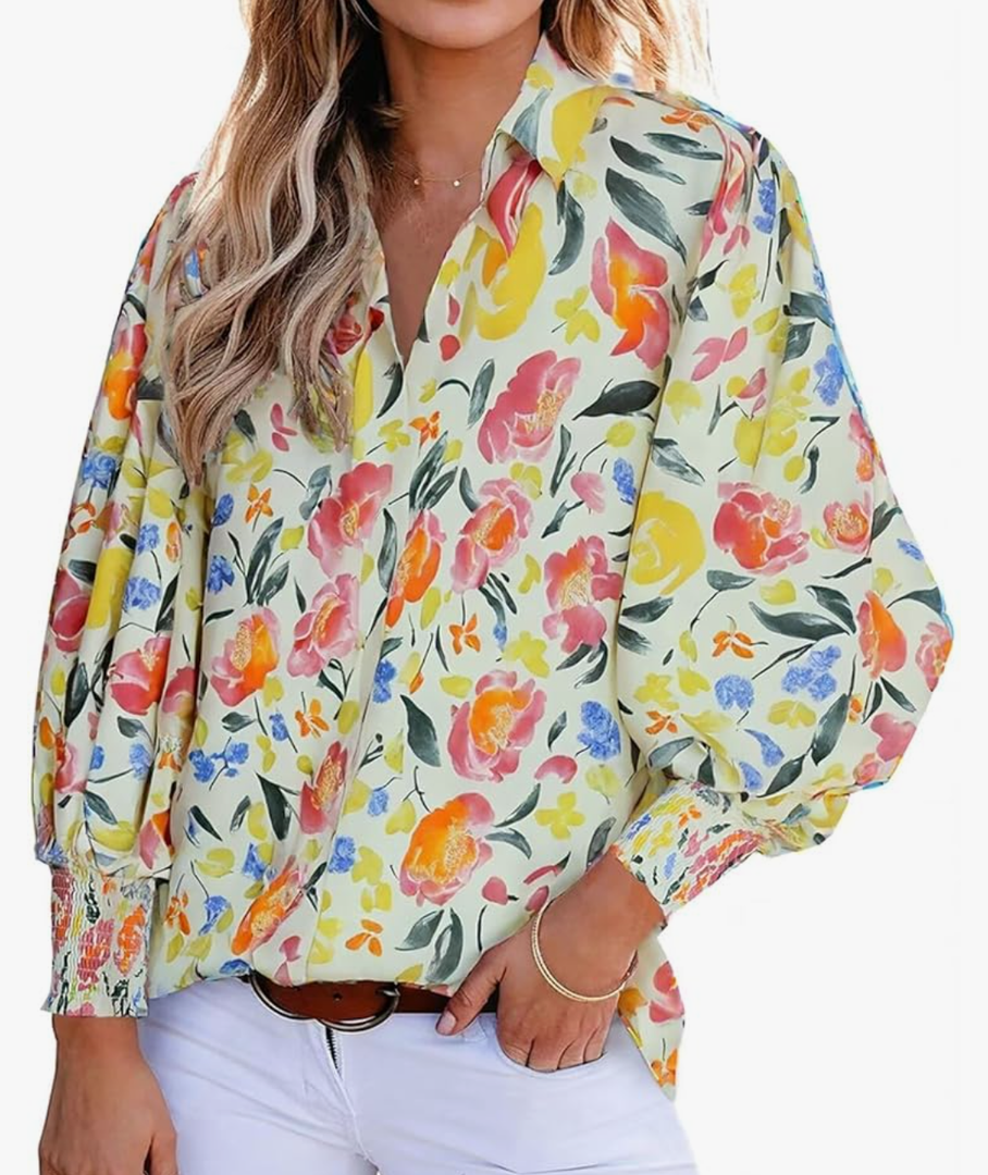 Women 2025 Loose V-Neck Shirts Paisley Print Lantern Sleeve Blouse Boho Tops L