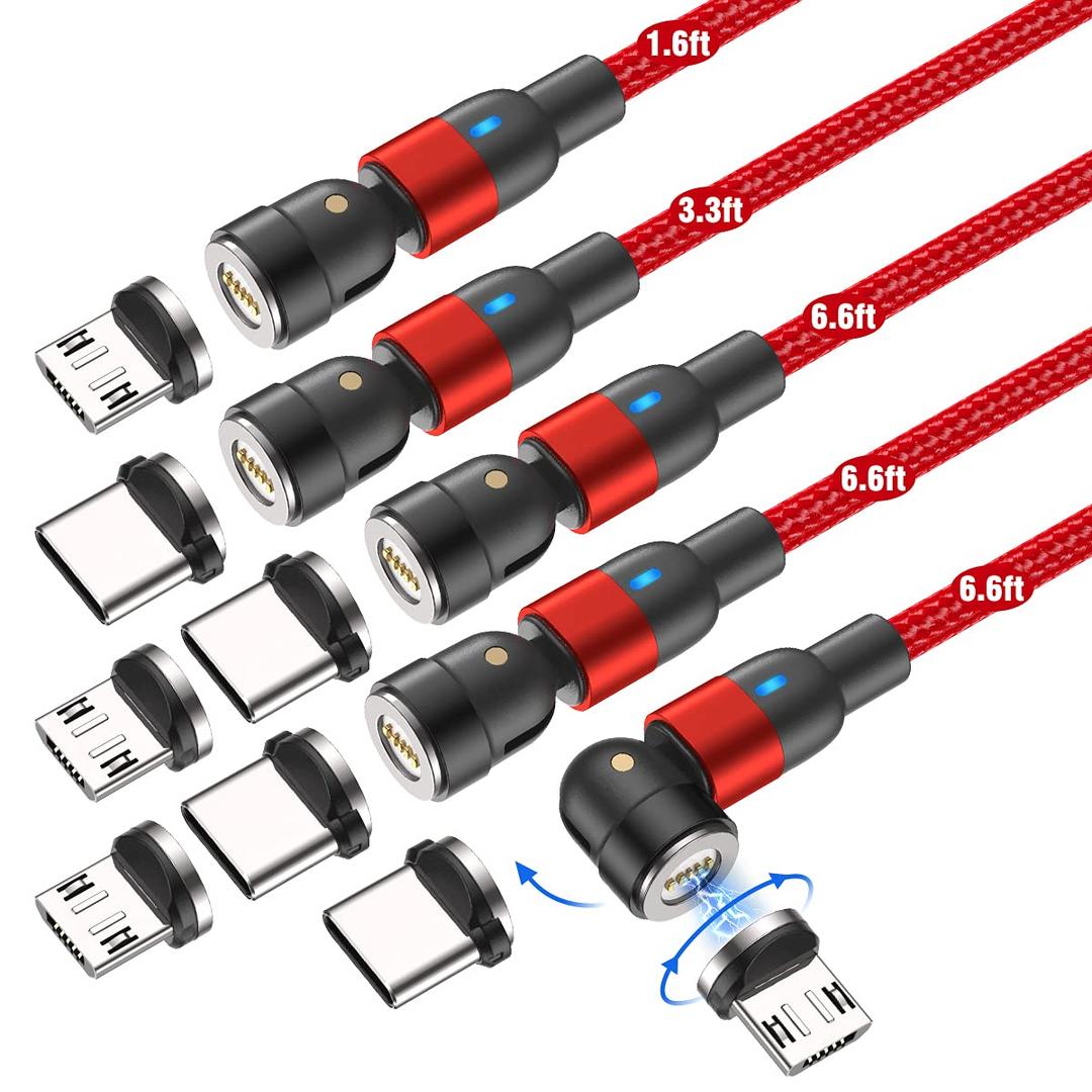 AUFU Fast Charging Magnetic Charging Cable(5Pack-1.6ft/3.3ft/6.6ft/6.6ft/6.6ft), Magnetic Charger Cable USB C Magnetic Fast Charger 3A Fast Charging Data Transfer Magnetic Cable (Red)