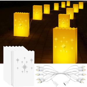 10 Pack Electric Star Luminary Bags with Plug-in Light Set  Waterproof Reusable Plastic Luminaries, Outdoor Pathway Decorations for Christmas, Weddings, Parties & Holiday Displays