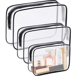 3 Pack Clear Cosmetic Bag, Waterproof Toiletry Bag with Zipper, Transparent Travel Makeup Bags, TSA Approved Clear Organizer Bags, PVC Cosmetic Pouch Case for Vacation Airport Airline Compliant (Multisize, Black)