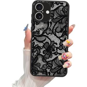 Magnetic Phone case for iPhone 17 6.3 Inch, Grade Protection & Wireless Charging - Aesthetic Lace Flower Pattern Phone Cover for Girls Women -Black Vintage Lace