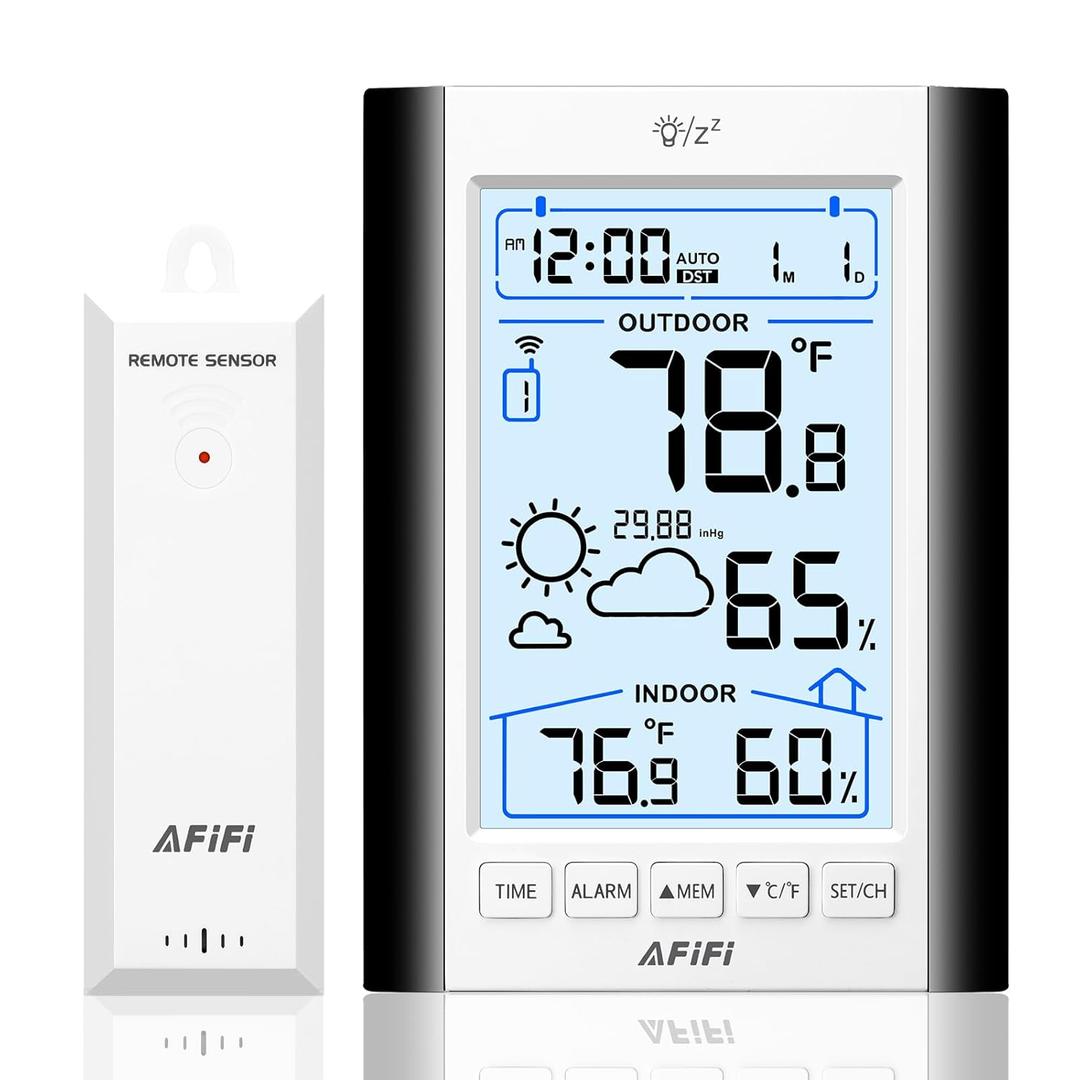 Indoor Outdoor Thermometer Hygrometer Wireless Weather Station - Inside Outside Thermometers Hygrometer Monitor with 330ft Remote Sensor, Battery Powered, Backlight Display (Black)