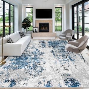 Abstract Living Room Area Rug, 9x12 Large Soft Washable Rug Non-Slip Non-Shedding Low-Pile Indoor Floor Accent Carpet for Bedroom Dining Room Nursery Home Office (Grey Blue,9'x12')