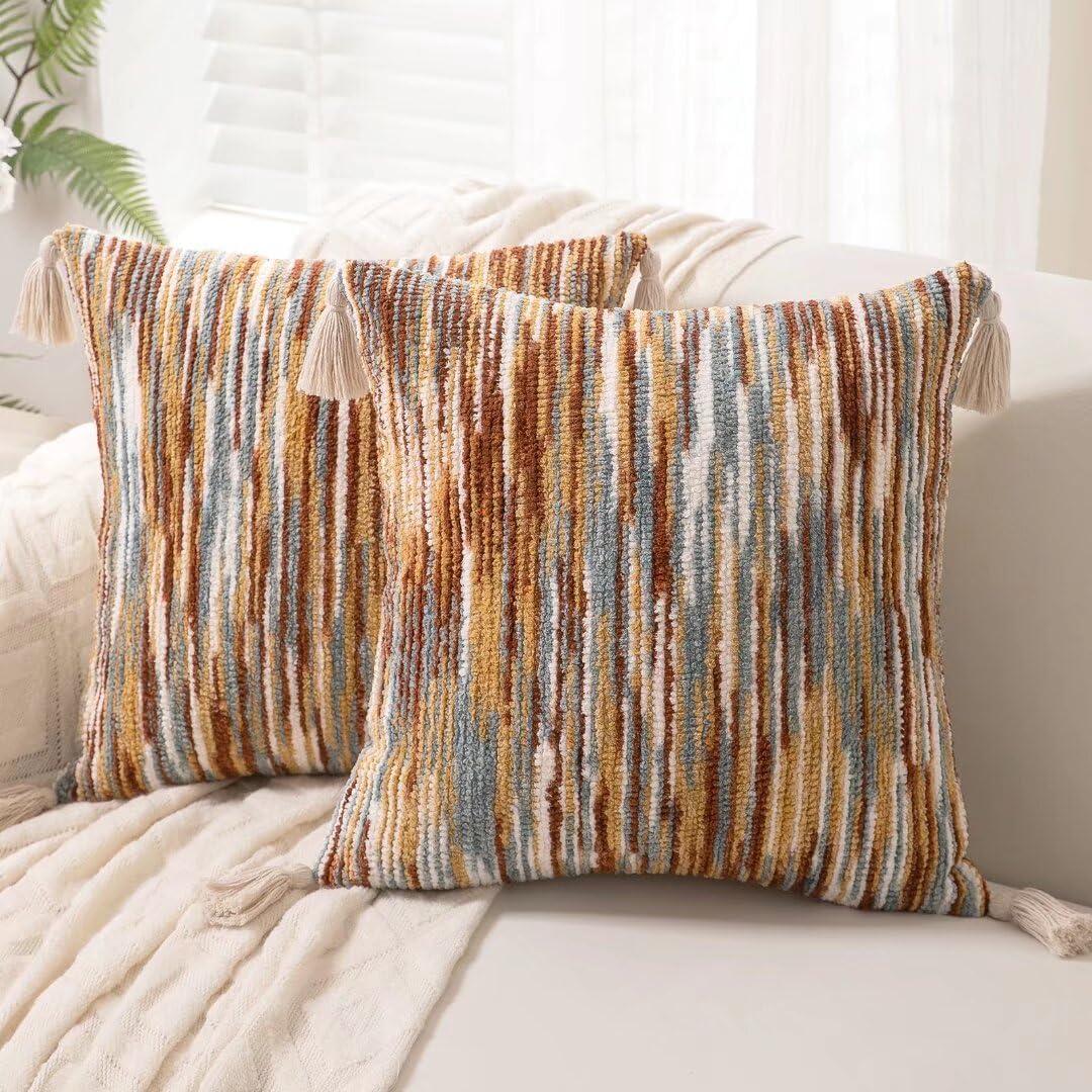Boho Throw Pillow Covers 18x18 Set of 2 Woven Tufted Farmhouse Pillows Cover with Tassels Textured Striped Cushion Case Neutral Pillow Cases Decorative Pillowcase for Sofa Couch Bed,Rust