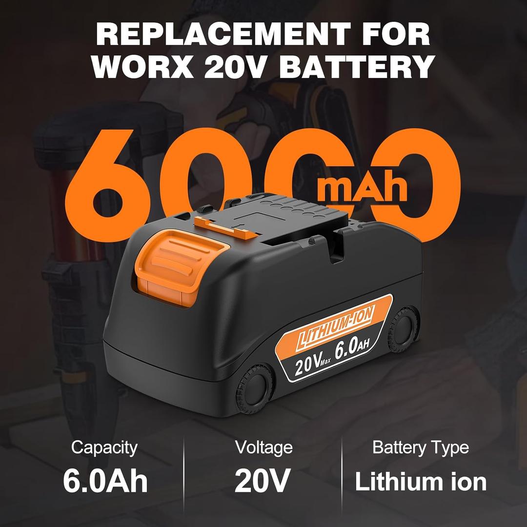 Amityke 1-Pack 20V 6.0Ah Replacement for Worx Battery 20V, Compatible with Worx Battery 20 Volt WA3512 WA3520 WA3522 WA3525 WA3575 Cordless Power Tools