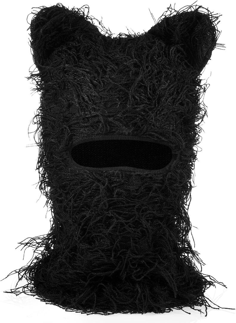 Newcotte Distressed Balaclava Cat Ear Ski Mask Shiesty Knitted Beanie Full Face Mask Furry Winter Neck Warmer for Men Women (Black)