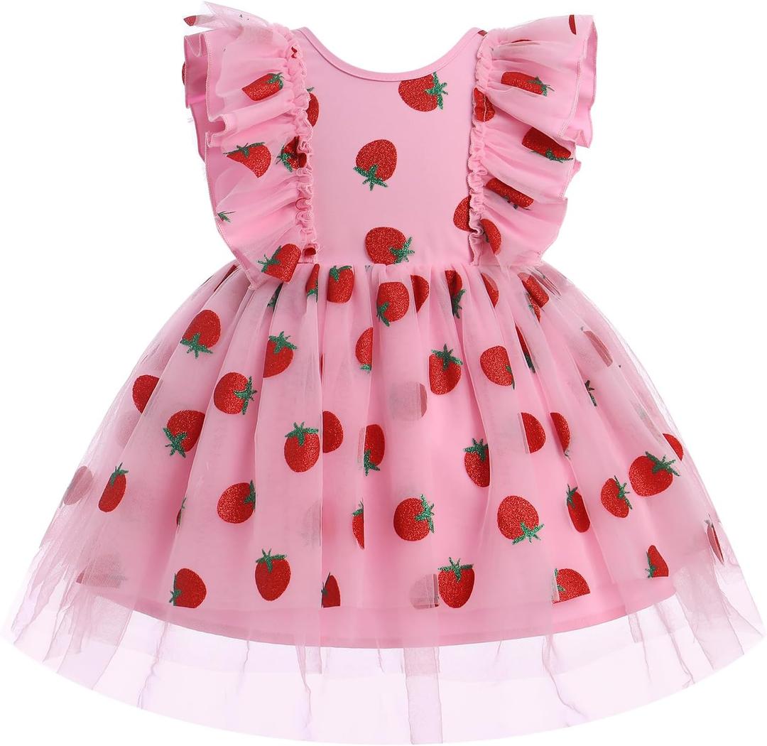 IMEKIS Toddler Girl Birthday Dress Sparkly Strawberry Tulle Party Ruffle Sleeve Dresses Cake Smash Photo Shoot 1-8T (5-6 Years)