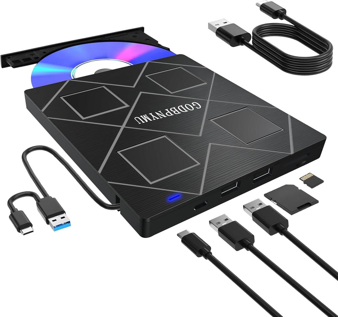 5-in-1 Extemal CD/DVD Drive for Laptop,USB 3.0 & Type-C Portable CD/DvD Rw Burner with SD/TF Card Reader &DVD-ROM Rewritable PlayerCompatible with Laptop Pc Desktop, Windows11/10/8/7 Linux Mac os