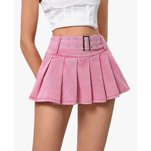 Women's Pleated Short Jean Skirt High Waist Buckle Belt A Line Y2k Denim Mini Skirt M