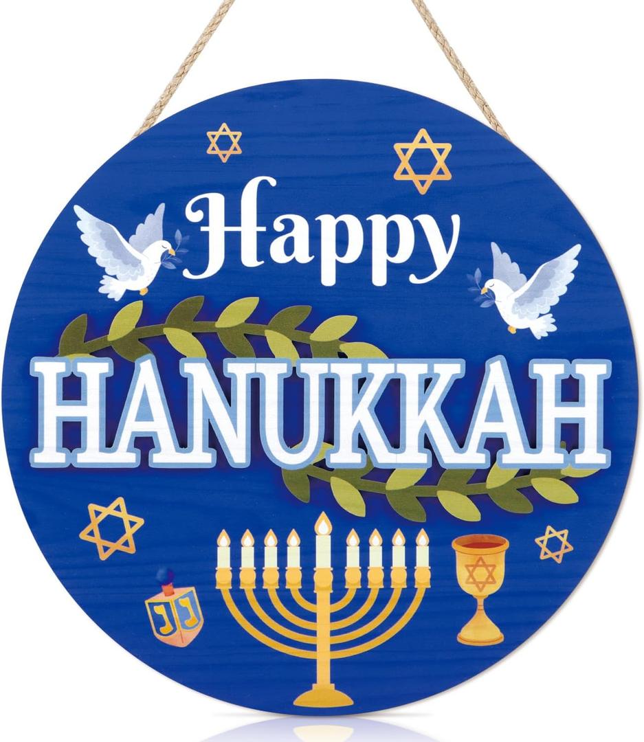 TOARTi 3D Happy Hanukkah Welcome Front Door Sign Hanging(11.4x11.4''), Rustic Chanukah Candlestick Wall Decor, Farmhouse Jewish Holiday Party Wooden Home Decor for Home Office