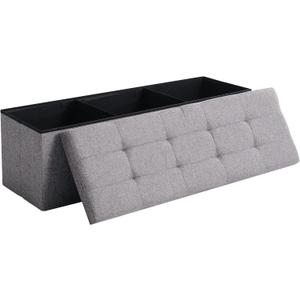 Cuyoca 45.3 Inches Foldable Seat Footrest Shoe Bench End of Bed Storage with Flipping Lid, 166L Upholstered Tufted Bench, Linen Fabric Grey