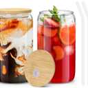 sungwoo 2PCS Glass Cups with Bamboo Lids and Straws, 16OZ Ice Coffee Cup, Drinking Cup set with Wooden Lids, Home Essential Glass Tumblers for Beer, Cocktail, Tea and Latte Clear