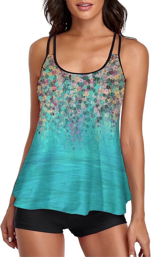 Urchics Womens 2025 Tankini Swimsuits Tummy Control Flowy Swimwear Two Piece Bathing Suits Swim Tank Top with Boyshorts (Large, Green Blue Floral)