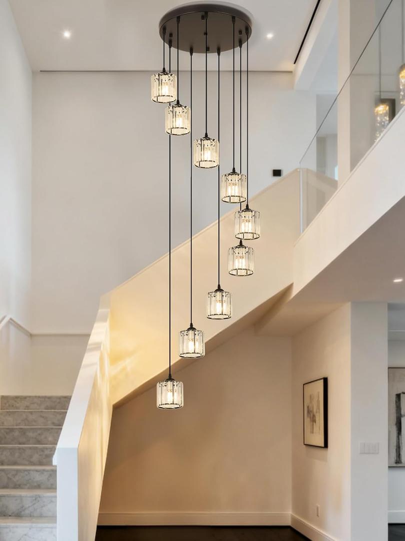 Long Chandeliers for High Ceilings,Modern Crystal Pendant Light,Raindrop Drop Lamp,Hanging Flush Mount Lighting Fixtures for Spiral Staircase,Foyer,Entryway,Living Room,Black (8 Lights)