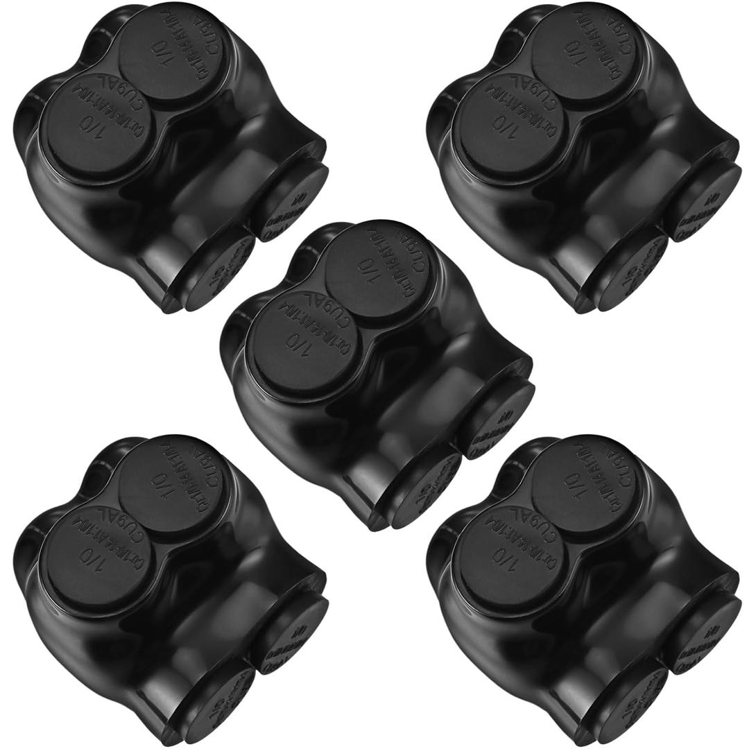 5 Pcs Insulated Multi Cable Connectors 2 Port Single Entry Splice Electrical Power Connector Black Interconnect Terminals Pre Filled (1/0-14 Awg Wire Range)
