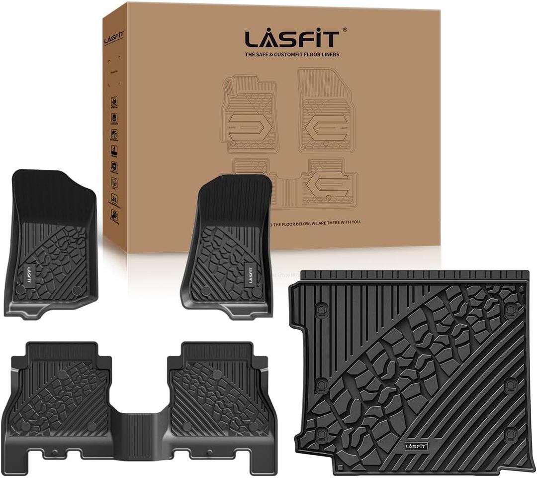 LASFIT Floor Mats & Trunk Mat for Jeep Wrangler JL 2018-2025 4 Door Gas Type with Subwoofer and Flat Load Floor (Not for JK/Not PHEV/Not 2-Door) All Weather TPE Custom Fit Car Mats Cargo Mat Black
