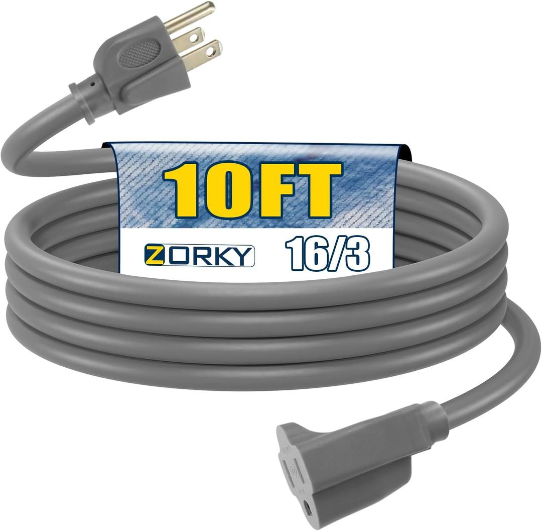 Zorky 10ft Outdoor Extension Cord for Christmas Decorations - 16/3 Heavy Duty SJTW Waterproof Gray Electrical Cable with 3 Prong Grounded Plug for Safety, Great for Lawn and Major Appliances