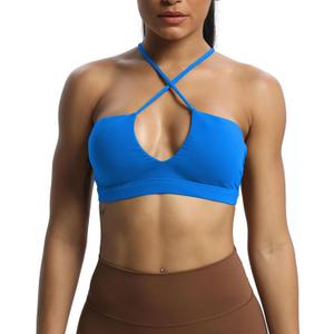 Aoxjox Women's Workout Sports Bras Jamie Deep V Fitness Backless Padded Training Gym Bra Yoga Crop Tank Top (Directoire Blue, Large)