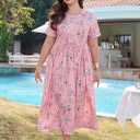 Keluummi Women's Plus Size V Neck 3/4 Sleeve Empire Waist A-Line Maxi Dress | Wrap Design, Surplice Neckline, Pockets, Side Split, Stretchable, Floral Print, For Spring Summer, For Wedding Guest Formal, 16+