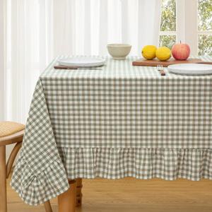 KKJIAF Sage Green Gingham Tablecloth 60 x 84 Inch, Cotton Plaid Tablecloth with Ruffle Edge Design, Linen Feel Classic Farmhouse Checkered Table Cover for Kitchen Parties Living Room Decoration