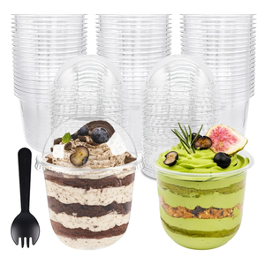 Jnnzzggu 100 Pack 12OZ Clear Plastic Cups with No Hole Dome Lids and Sporks,Disposable Dessert Cups,Yogurt Parfait Cup for Cupcake,Pudding,Iced Cold Drinks,Coffee,Juice,Snacks,Fruits,Ice Cream