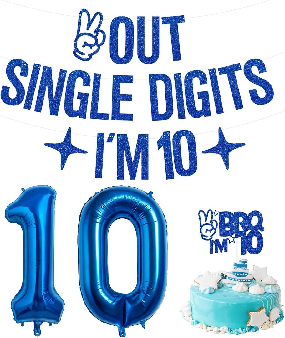 10th Birthday Decorations for Boys, Out Single Digits I'm 10 Banner, Brother I'm 10 Cake Topper, Navy Blue Number 10 Balloon, 32 inch
