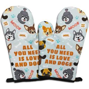 Pack of 2 Funny Dogs Oven Mitts All You Need is Love and Dogs Heat Resistant Kitchen Mitts Silicone Non-Slip Oven Mitts Kitchen Gift for Women Novelty Birthday Gift for Hostess Friend Dog Lover