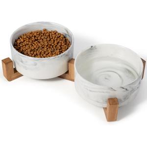 Dog Bowls Set with Wood Stand, 3.6-Cup Ceramic Pet Bowls for Medium Dogs, Weighted Food Water Bowl Set for Dog and Cat