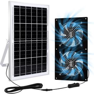 Solar Exhaust Fans & Powered Fan with 15W Panel & 2-Pack High-Speed Brushless DC Fans, Solar Ventilation Fan for Greenhouses, Chicken Coops, Attics, Barns, Sheds & Dog Houses