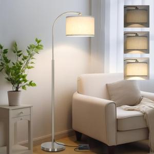 Arc Floor Lamp, Dimmable Floor Lamp for Living Room, Standing Lamp with Adjustable Drum Shade, Tall Pole Lamp for Bedroom Study Room Office, 9W 3000K LED Bulb Included (Silver)