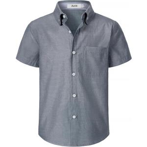 Boys Oxford Button Down Shirt Short Sleeve Formal Uniform Dress Shirts with Pocket ( Size 6, Dark Gray)