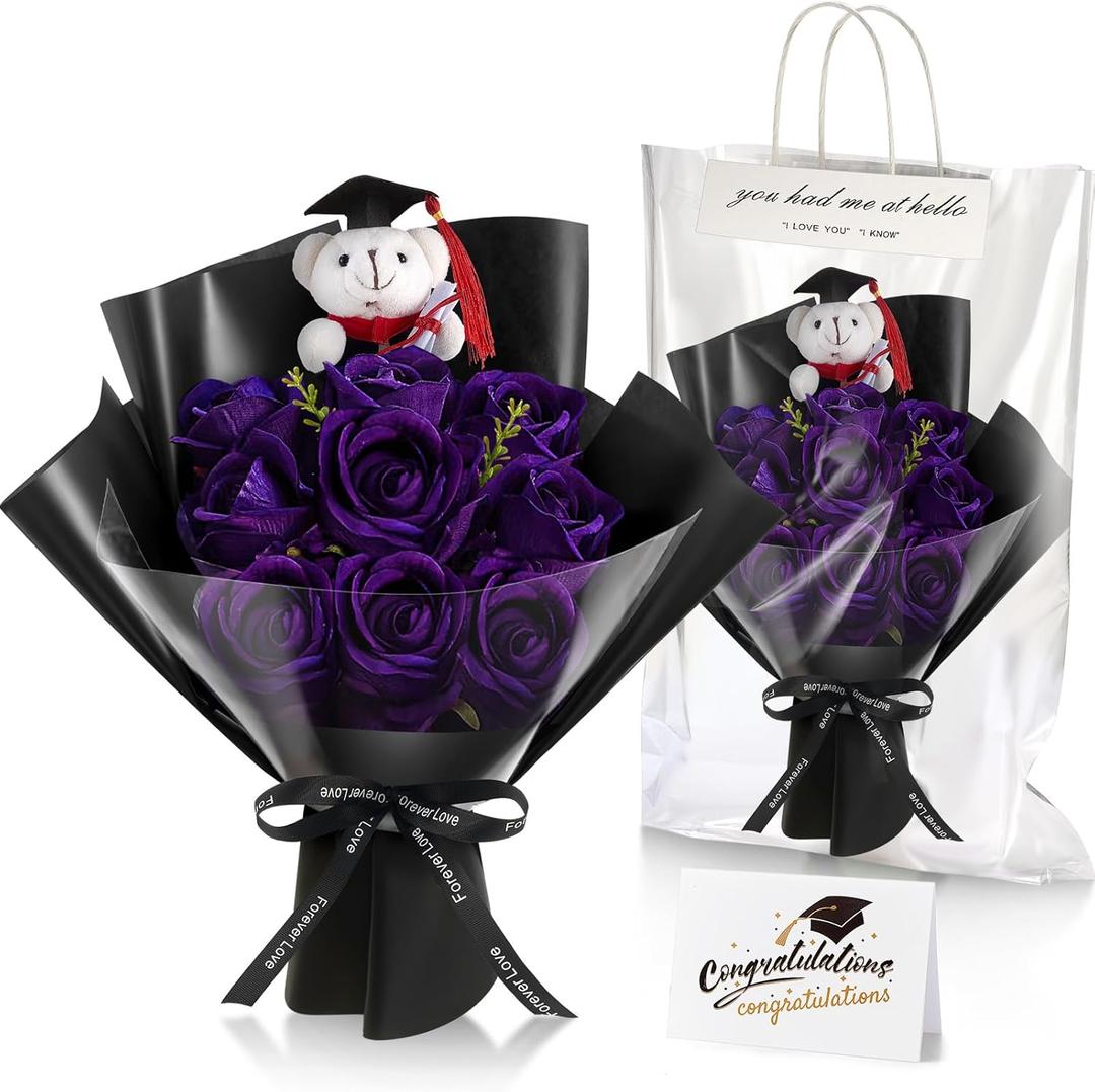 Giegxin 3 Pcs Graduation Bear Flower Bouquet Set Includes Artificial Roses Flower Bouquet Mini Plush Bear with Grad Cap Greeting Card Gift Bag for 2025 Graduation Party Favors Supplies(Purple)